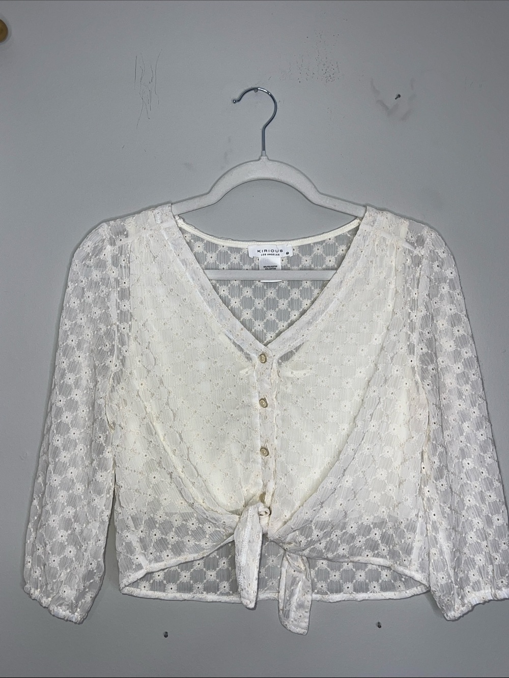 White Lace Tie-Front Crop Romantic Eyelet Blouse